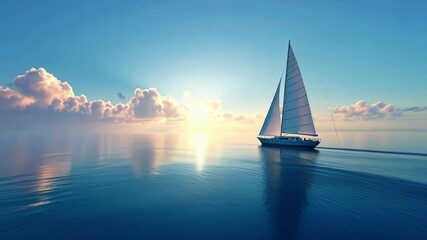 Wall Mural - pristine white sailboat gliding across tranquil ocean waters, golden sunset illuminating serene mari