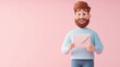 © Pro Hi-Res - Cheerful man holding a pink envelope with a smile against a pastel background in a joyful setting, cartoon illustration.