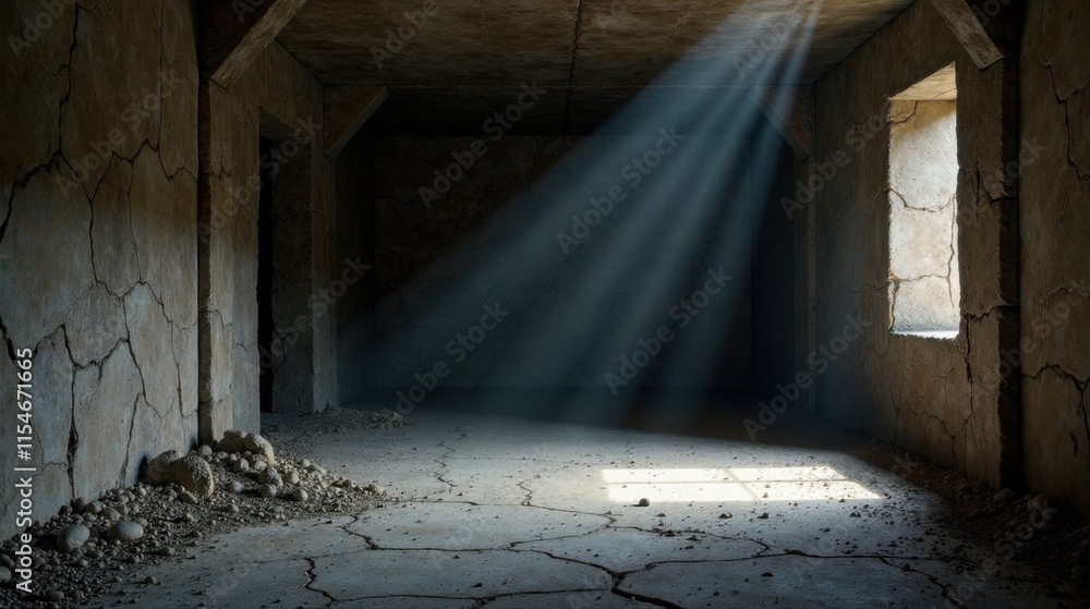Sunbeams Illuminate a Crumbling, Desolate Interior Space with Cracked ...