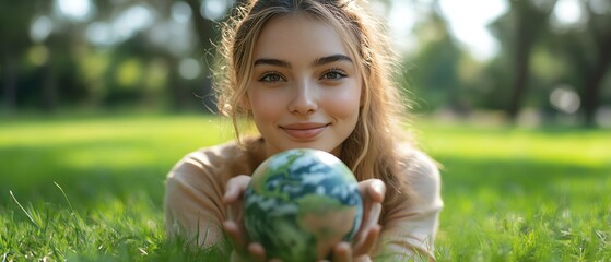 Wall Mural - Young woman holding an earth symbol icon on green grass, emphasizing sustainability, environmental conservation, and renewable energy solutions for a better future