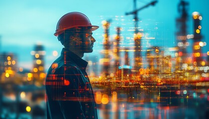 Aufkleber - Engineer in helmet at a construction site, looking at work with a glowing double exposure light effects background, symbolizing innovation in construction and engineering