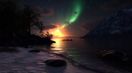 Arctic Sunset Landscape with Aurora Borealis