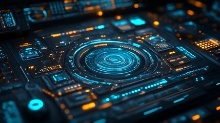 Futuristic tech interface with glowing circular core.