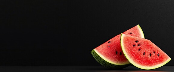 Wall Mural - Two juicy watermelon slices on black background.