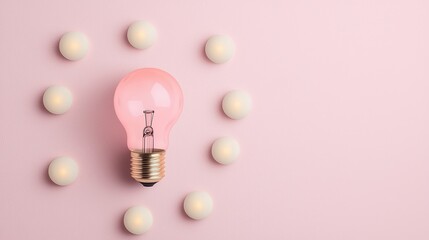 Wall Mural - a pink light bulb is surrounded by white spheres on a soft pink background, creating a modern and mi