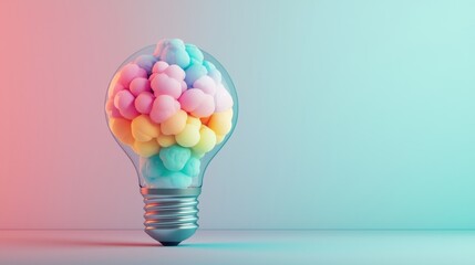 Wall Mural - a colorful light bulb filled with pastel cotton candy-like spheres, symbolizing creativity and innov