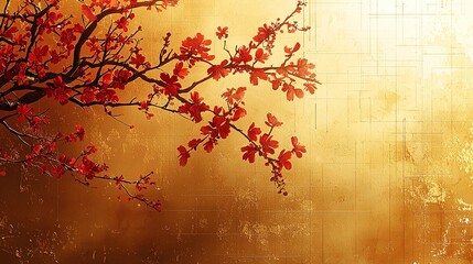 A layered golden background featuring intricate traditional Japanese grid textures and red floral elements