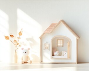 Wooden toy house with teddy bears in sunlight.