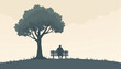 © Vladimir - Silhouette of a person sitting on a bench under a tree in a serene landscape
