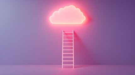 Wall Mural - a neon pink cloud illustration above a white ladder against a pastel background, symbolizing aspirat