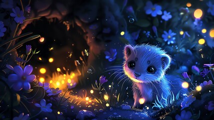 Wall Mural - Cute glowing ferret in magical forest.