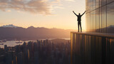 Person on Skyscraper Rooftop Overlooking City at Sunset