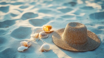 Summer Beach Hat and Seashells on Sandy Shore