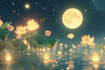 Wall Mural - A beautiful Mid-Autumn Festival animation with animated icons of full moons, lotus flowers, and lanterns, gently moving across a serene background.