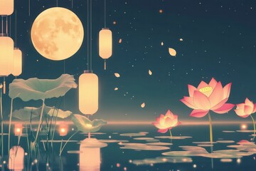Wall Mural - A beautiful Mid-Autumn Festival animation with animated icons of full moons, lotus flowers, and lanterns, gently moving across a serene background.