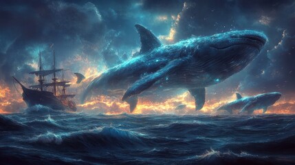 Wall Mural - A fantastical scene of glowing whales swimming near a ship in a stormy ocean.