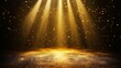 © hassan - Golden stage lights with glittering dust and radiant gold rays, beams illuminating the floor in a luxurious abstract background for product display or shiny spotlight scene