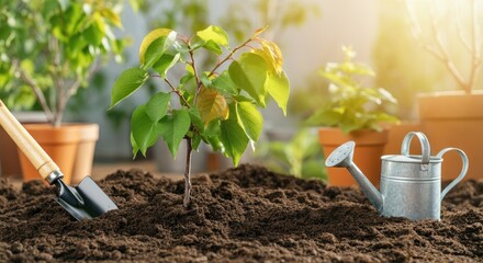 Wall Mural - Young tree planted in soil, surrounded by shovel and watering can, with potted plants background