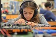 © Sean Hoong - A determined schoolgirl wearing headphones and working on a robotics project, assembling parts during a hands-on tech lesson at school.