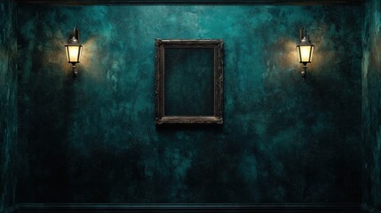 Poster - Dark teal textured wall with antique frame and sconces.