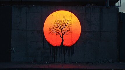 Poster - Sunset mural of a bare tree on a concrete wall.