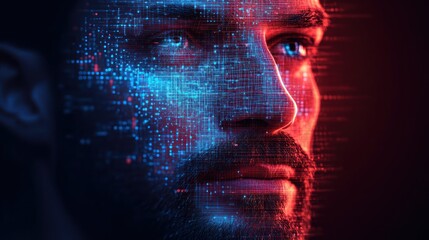 Wall Mural - Man's face with digital data overlay.