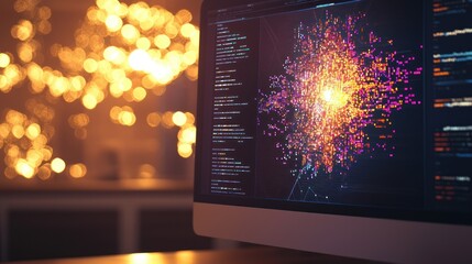Data visualization on computer screen at night.