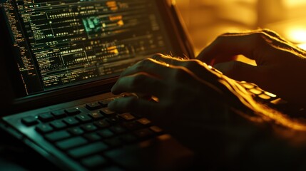 Close-up of hands typing code on laptop at night.