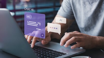 ChatGPT, LLMs (Large Language Models) Chat With AI Technology. Man Using a Laptop Computer Chatting With an Intelligent Artificial Intelligence. Smart Assistant Futuristic Concept Background.