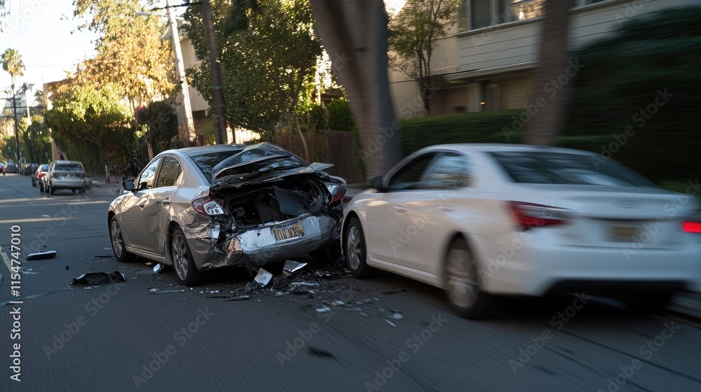 Road accident scene, chaos and devastation following a car crash ...