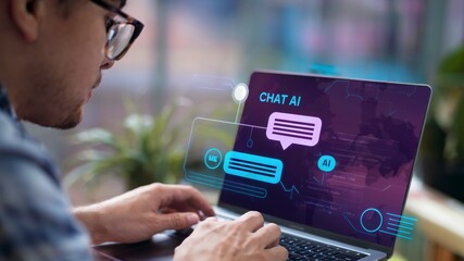 ChatGPT, LLMs (Large Language Models) Chat With AI Technology. Man Using a Laptop Computer Chatting With an Intelligent Artificial Intelligence. Smart Assistant Futuristic Concept Background.