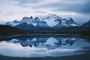  Serene mountain landscape reflected in a calm lake under a cloudy sky.