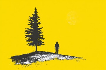 A minimalist design of a single pine tree, a sun, and a lone hiker represented as bold, simple shapes in a modern style