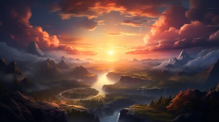 Wall Mural - Majestic sunrise over scenic valley.
