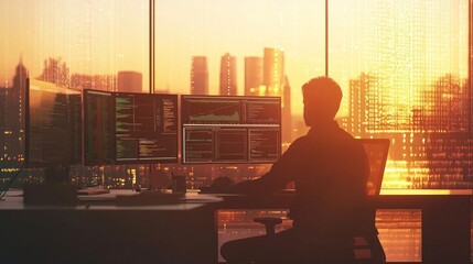 Programmer coding at sunset city view.