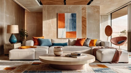 modern luxurious living room, floor-to-ceiling windows, city skyline view, abstract colorful wall art, white modular sofa, orange accent pillows, round wooden coffee table, beige rug, warm lighting, m