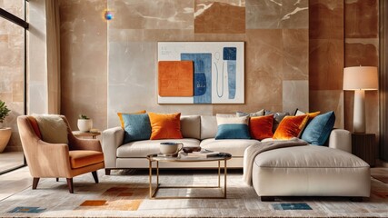 modern luxurious living room, floor-to-ceiling windows, city skyline view, abstract colorful wall art, white modular sofa, orange accent pillows, round wooden coffee table, beige rug, warm lighting, m