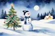 © haiqiang - there is a snowman standing next to a christmas tree in the snow