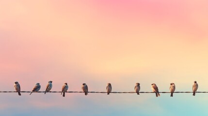 Wall Mural - A flock of charming sparrows perched delicately on a wire silhouetted against a dreamy pastel colored sky creating a serene and tranquil natural scene