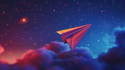 Wall Mural - Paper airplane soaring through vibrant night sky.