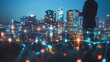 © Teeraphon - Smart digital Innovation city with connection network reciprocity over the cityscape. of future smart wireless city and social media networking systems that connects business people with in city