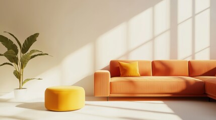 Wall Mural - Modern Living Room with Orange Sofa and Yellow Decorative Accent