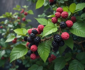 Dark purpleberry bush with blackberry berries and raspberry leaves , bushes, wildflower