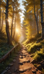 Wall Mural - golden light illuminating a narrow forest trail, woodland path, forest foliage, autumnal woods