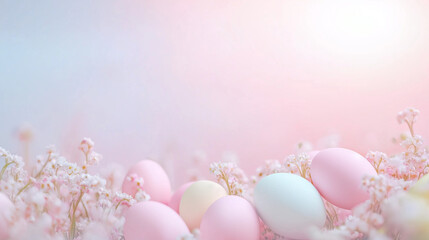 Wall Mural - Pastel Easter Eggs in Floral Bloom: A delicate arrangement of pastel-colored Easter eggs nestled among a bed of dainty white blossoms, bathed in soft, ethereal light.