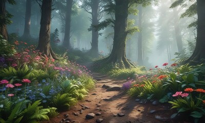 Wall Mural - misty forest floor with lush greenery and vibrant flowers, leaf litter, rainforest landscape