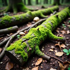 Wall Mural - moss-covered logs and branches strewn across the forest floor, branches, earthy tones