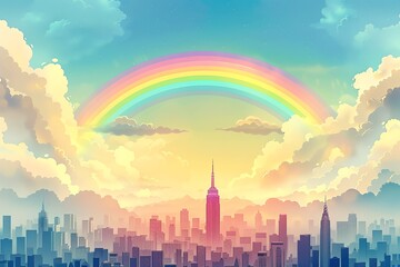 Wall Mural - Rainbow over cityscape at sunrise.
