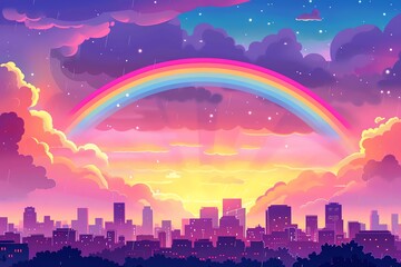 Wall Mural - Rainbow over vibrant cityscape at sunset.
