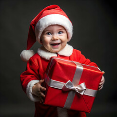 Wall Mural - cute little boy wearing senta s cloth holding red gift box  against dark background